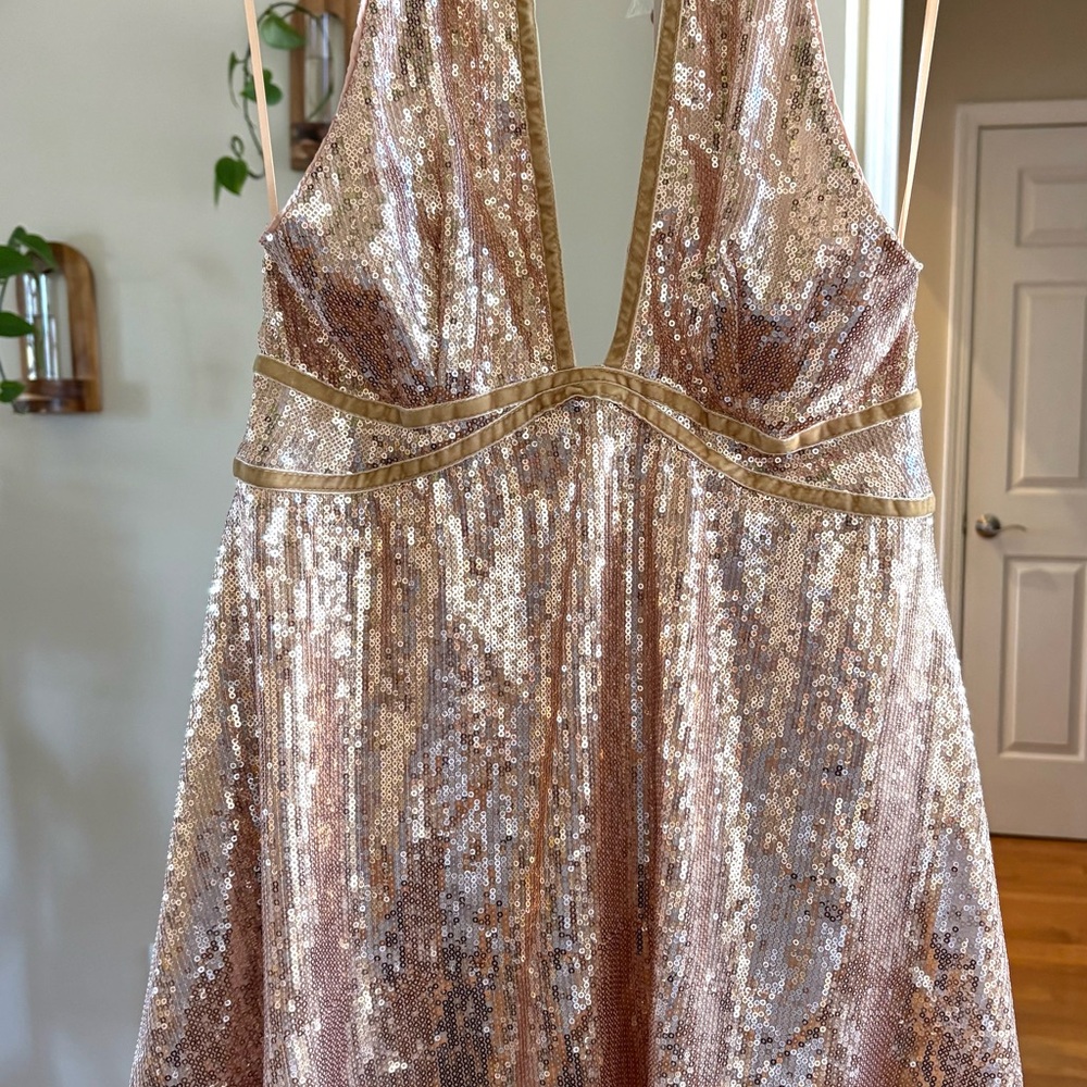 Free People Rose Gold Sequins
Sparkly Velvet Trim Film Noir Mini
Dress Size 6